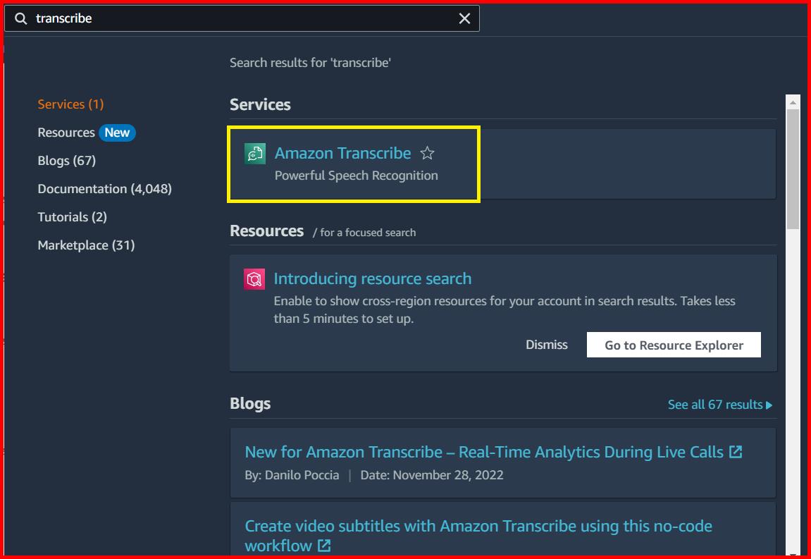 Picture showing the Amazon Transcribe service in search result of AWS console